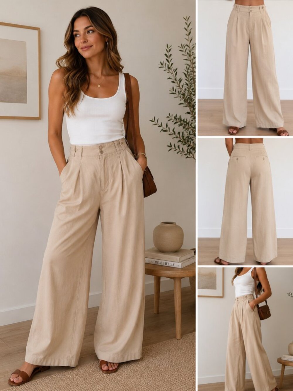 Madewell Women's Wide Leg Pleated Pants Size 4 Light Khaki High Rise Trousers